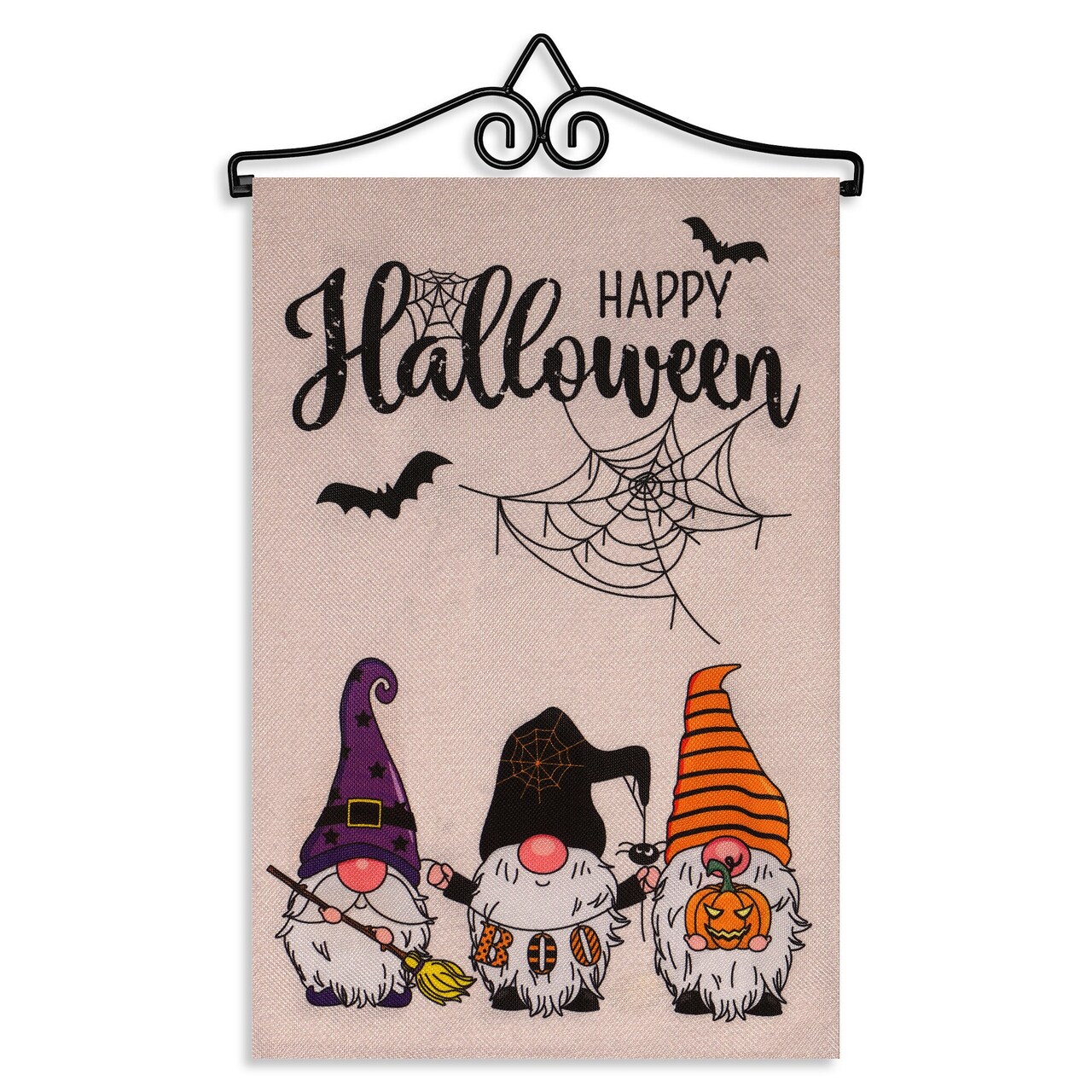 G128 Combo Pack Garden Flag Hanger 14IN & Garden Flag Happy Halloween 3 Gnomes Spider Web 12x18IN Printed Double Sided Burlap Fabric